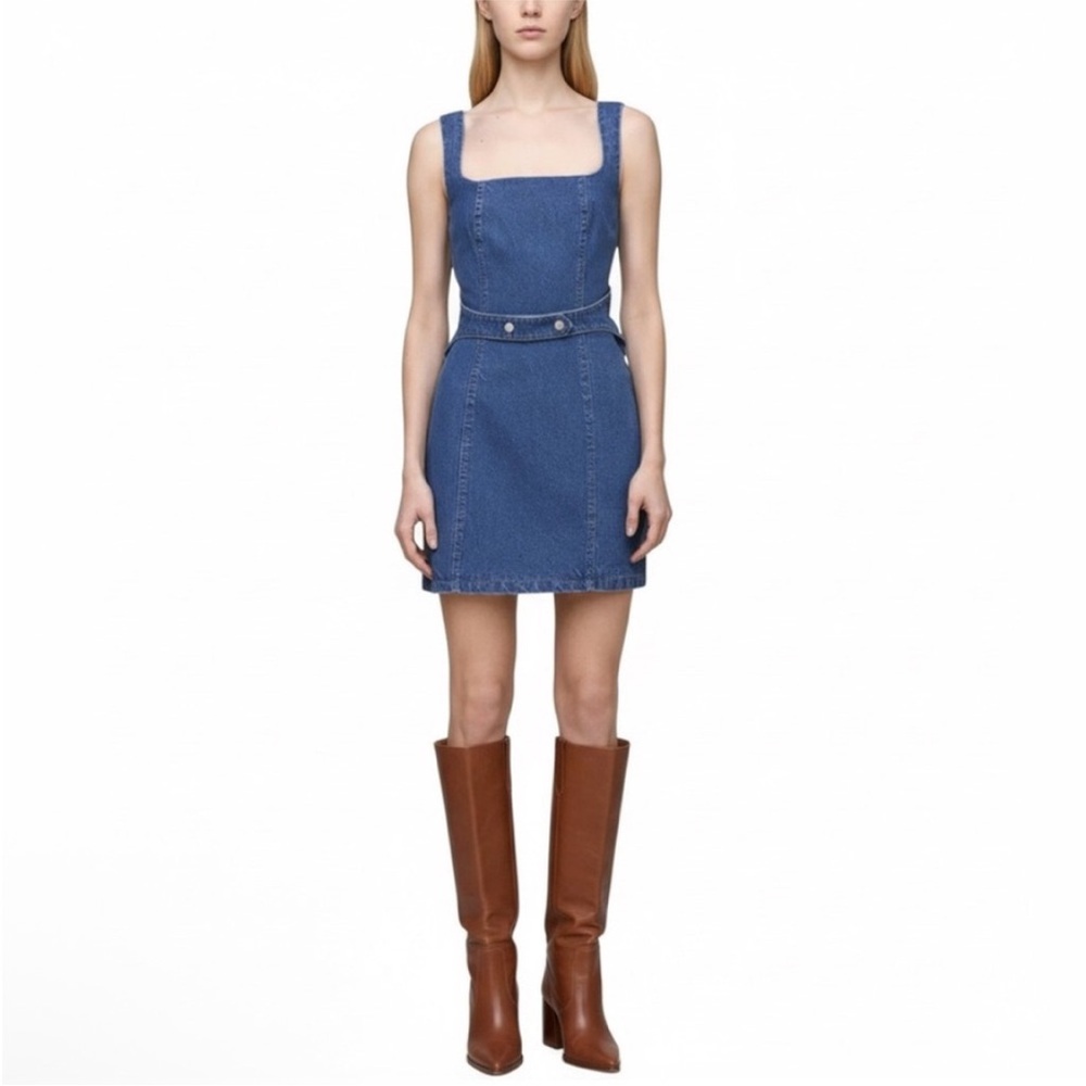 Avec Les Filles Denim Square-Neck Mini Dress in Blue
